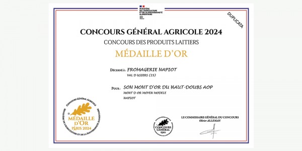 Nouvelle Médaille d'Or pour la Fromagerie Napiot au Salon de l'Agriculture 2025 !